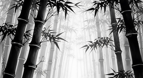 A monochrome illustration of a dense bamboo forest with a foggy background and detailed leaves