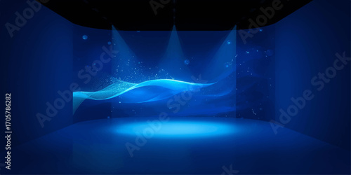 Abstract vector art of blue and purple spotlight rays shining through a dark, smoky club stage