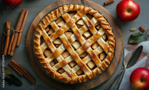 Freshly Baked Apple Pie on a Wooden Surface With Cinnamon and Red Apples