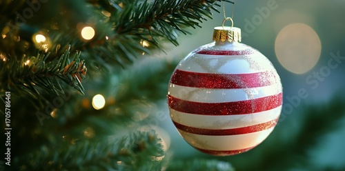 Red and White Striped Ornament Hanging on a Christmas Tree With Soft Lighting...