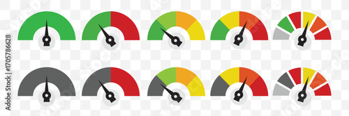 Set of colorful speedometer, gauge meter icons. Scale level of performance. Green and red, low and high barometers, dashboard with arrows. Infographic of risk, gauge, score progress. 