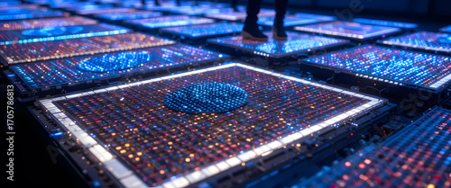 futuristic piezoelectric floor plates lighting up with every step, showcasing innovative renewable energy harvesting technology. Perfect for eco-design, sustainable architecture