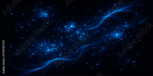 An abstract, deep blue starry night sky illuminates a cosmic galaxy field