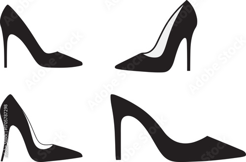 High Heel Shoe Silhouette set Black Vector illustration Icon with Pointed Toe and Tall Heel for Fashion, Retail, and Style Design