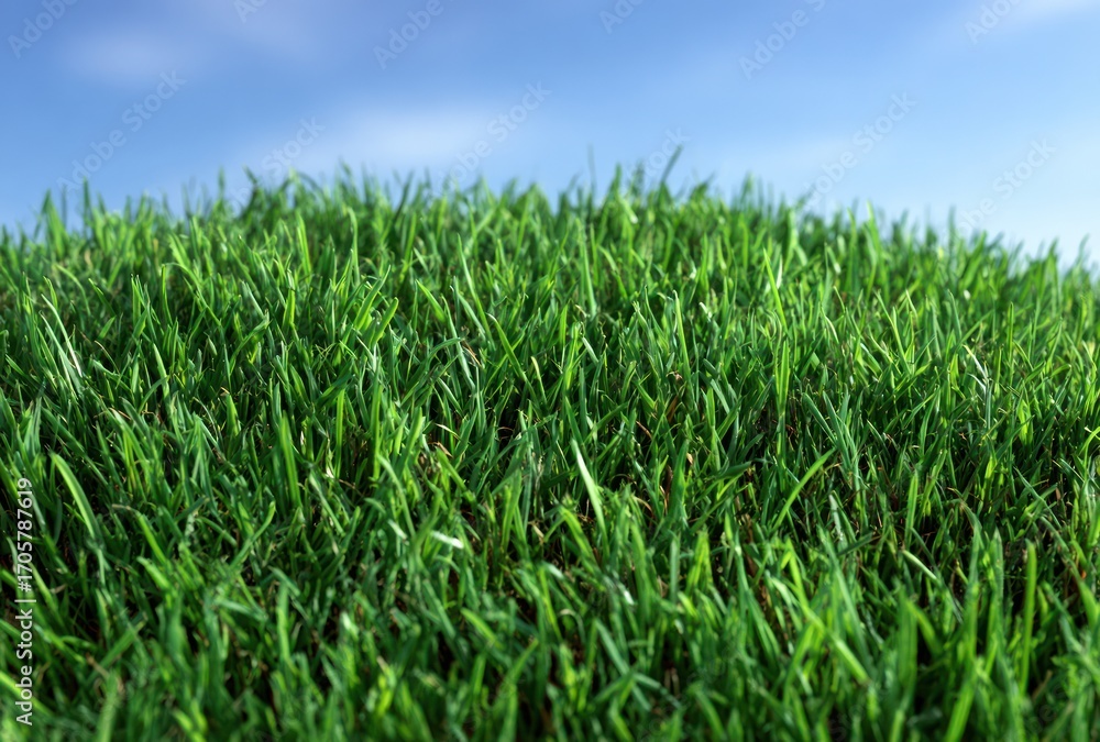 Fototapeta premium Vibrant close-up featuring lush green grass blades under a bright, partially blurred blue sky, evokes freshness and growth