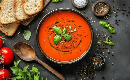 Freshly Made Tomato Basil Soup Served With Bread and Garnished With Olive Oil...