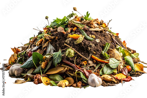 Rich compost pile with organic kitchen waste, vegetable scraps, leaves, and dark soil, isolated on a transparent background