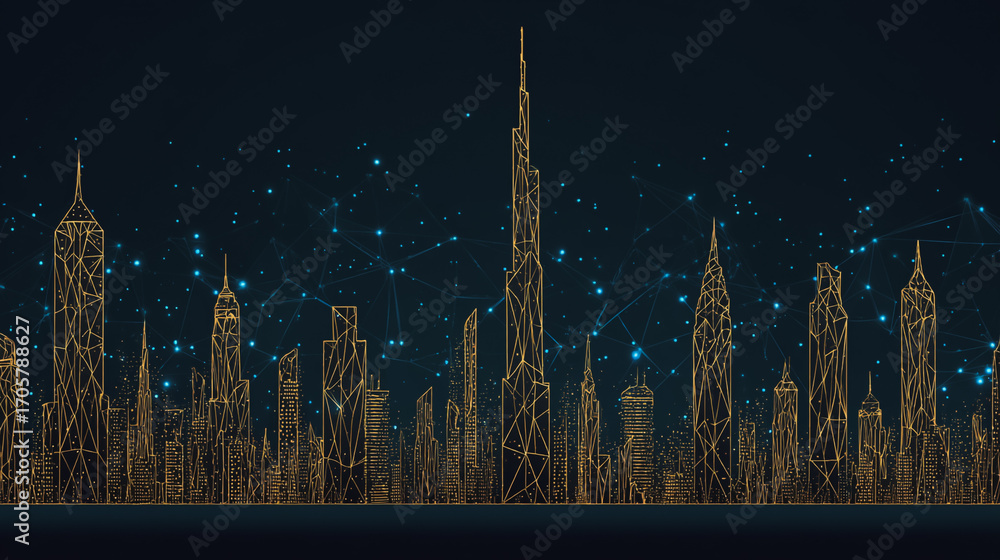 Fototapeta premium Sunshine in the Smart digital Innovation city with connection network reciprocity over the cityscape. of future smart wireless digital city and social media networking systems that connects people