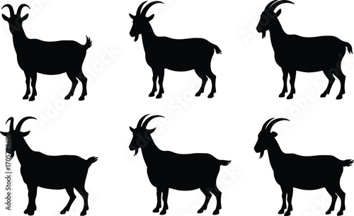 Goat silhouette vector set, domestic farm animal icon collection, black goat shape design, isolated livestock graphics, editable flat vector illustration