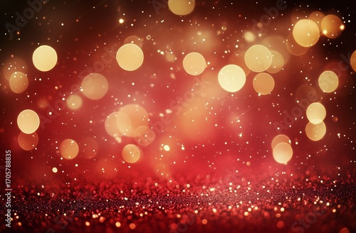 Sparkling Golden Lights and Shimmering Red Background Create a Festive Atmosp...