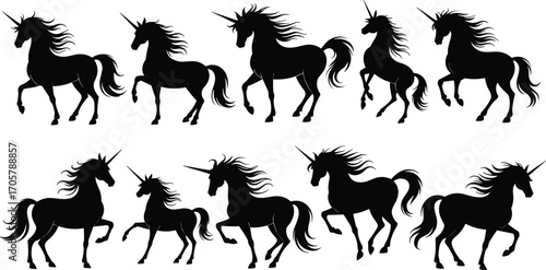 Unicorn silhouettes set, magical fantasy horses vector, black flat design, mythical creature icons, majestic running and standing unicorns illustration, isolated on white background