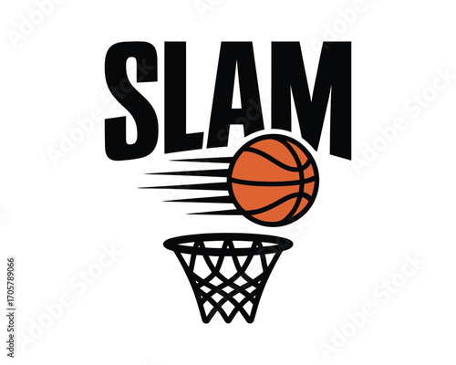 Dynamic vector illustration of a basketball going through a hoop, depicting a slam dunk with speed lines, suitable for a sports team logo or emblem
