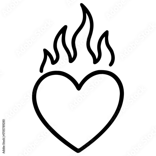 Minimal heart outline with flames symbolizing burning love, passion, desire and intensity