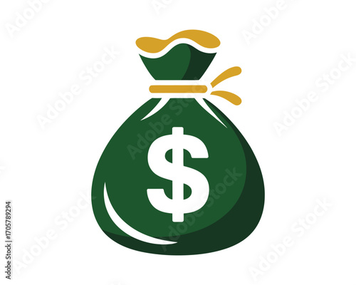 Classic green money bag with a dollar currency symbol. Vector design for concepts of banking, investment, income, and financial success