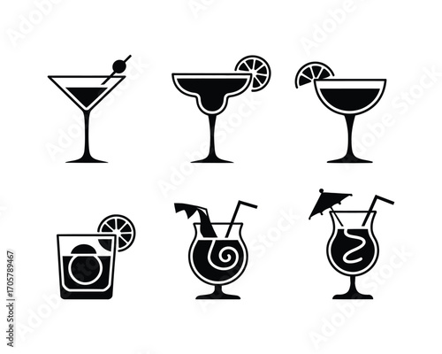 A collection of six vector cocktail glass icons. Black and white silhouette set for a bar menu, restaurant, or party design elements