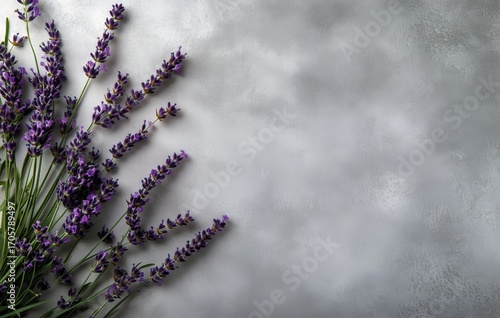 Lavender Flowers Arranged on a Textured Gray Background Creating a Serene Atm...