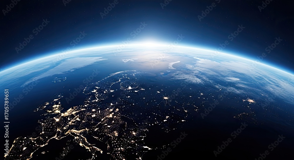 Fototapeta premium Earth View From Space Showing Europe at Night with City Lights and Sunrise