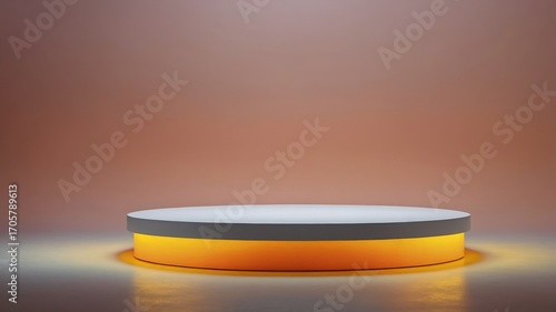 Minimalist round podium with warm orange lighting on gradient background for product display or presentation