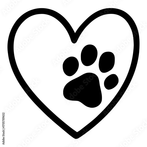 Heart outline with paw print symbolizing pet love, adoption, animal care, rescue and loyalty