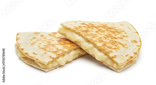 Cheese Quesadilla Slices with Melted Filling on White Background