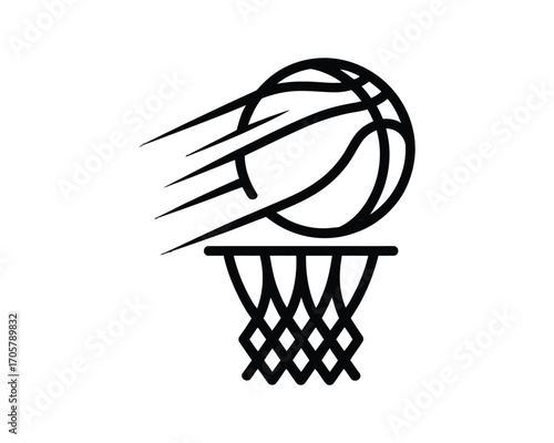 Dynamic basketball icon with speed effect flying into a basket net, a simple sports logo vector line art design for competition