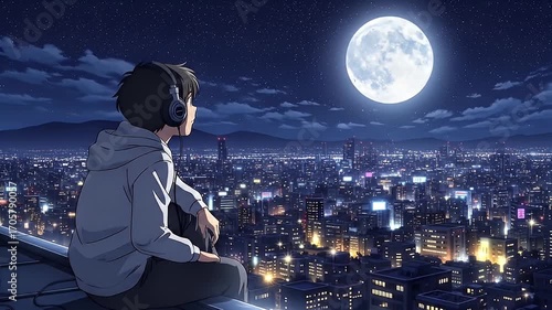 A teenager looks up at the moon while sitting above the city. lofi