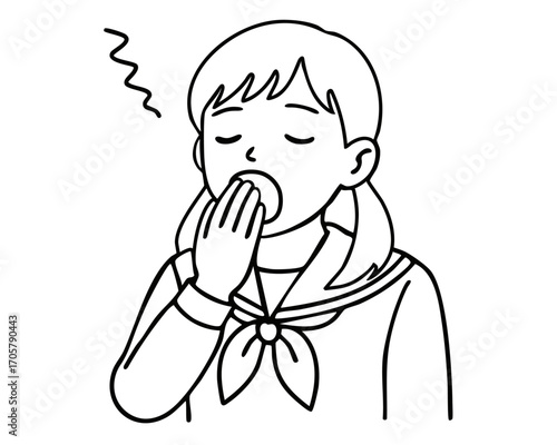 眠そうな女性キャラクターのモノクロベクター素材
