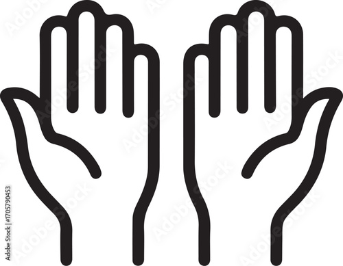 Two open hands praying or asking for help line art icon