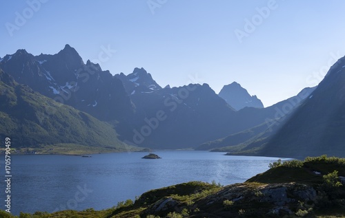 Fjord Austnesfjorden, idyllic Norwegian fjord landscape, Nordland, Norway