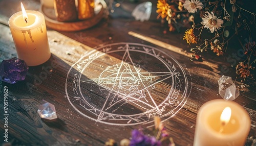 Images of mystical witch altars lit by candlelight. Crystals, dried flowers, pentagrams, tarot decks, and ritual tools arranged on stone or wooden surfaces. Warm candlelight contrasts with shadows, cr