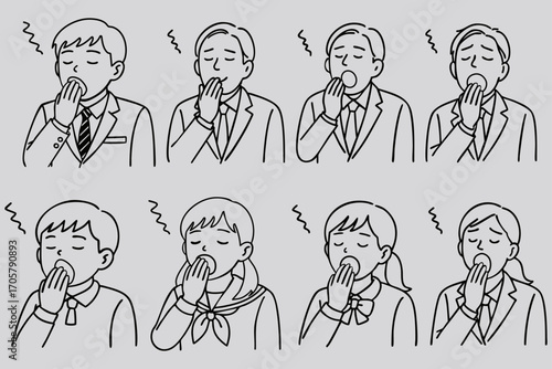 眠そうにあくびをする人物線画セット
