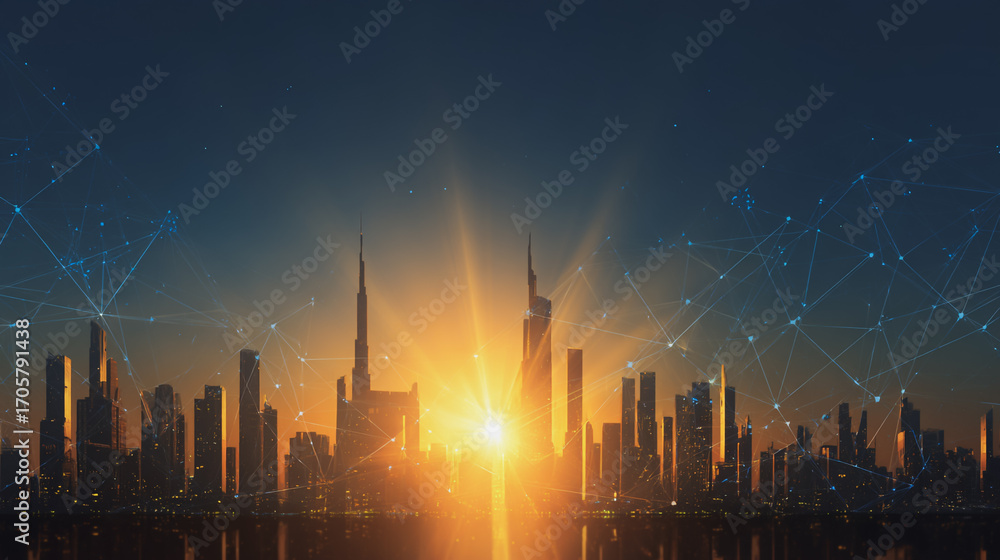 Fototapeta premium Sunshine in the Smart digital Innovation city with connection network reciprocity over the cityscape. of future smart wireless digital city and social media networking systems that connects people