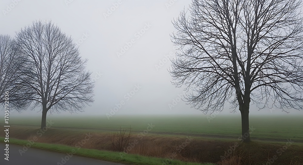 Fototapeta premium Misty Field with Two Bare Trees in Winter.