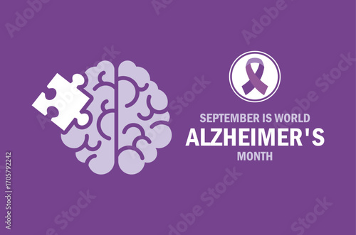 September is World Alzheimer's Month poster vector illustration. Human brain, jigsaw puzzle piece and purple awareness ribbon icon. Template for background, banner, card. Important day