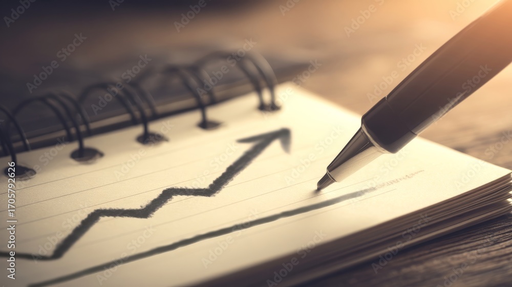 Fototapeta premium An open spiral-bound notebook with lined pages features a pencil-drawn upward trending line graph, symbolizing growth,