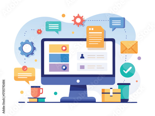 Modern desktop screen displaying user interface elements and communication icons for digital workflows