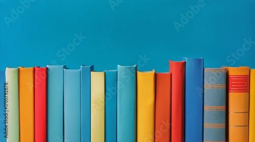 Colorful Vintage Books Arranged on a Bright Blue Shelf Showcasing Literary Di...
