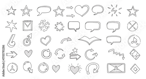 Collection of hand drawn doodle shapes and icons in sketchy style