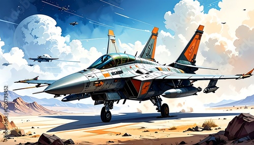 A digitally rendered illustration of a detailed fighter jet on a desert runway, with other jets in the sky. Bright colors and a dramatic sky