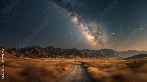 A vast, dry landscape stretches beneath a breathtaking Milky Way, illuminating a dirt road that disappears into the distance.