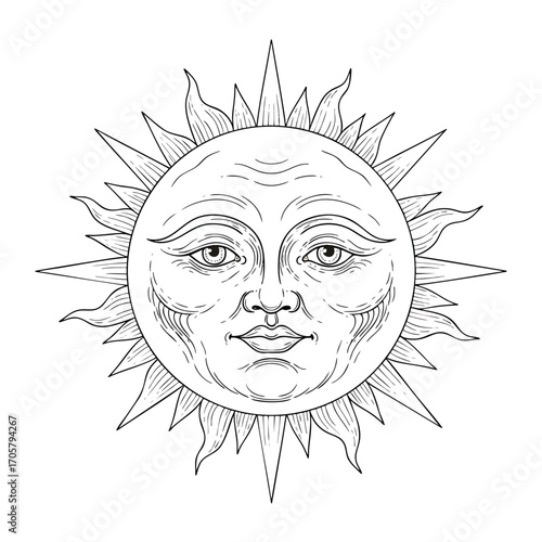 Vintage black and white line art illustration of a celestial sun with a serene human face.