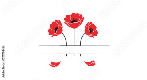 Three red poppies with scattered petals below a split banner.