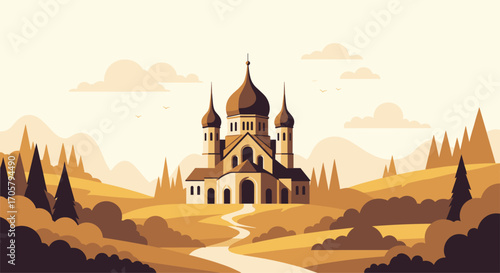 A picturesque pixel art landscape featuring a grand cathedral and winding path.