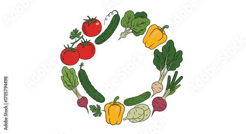 A colorful circle of fresh vegetables and produce.