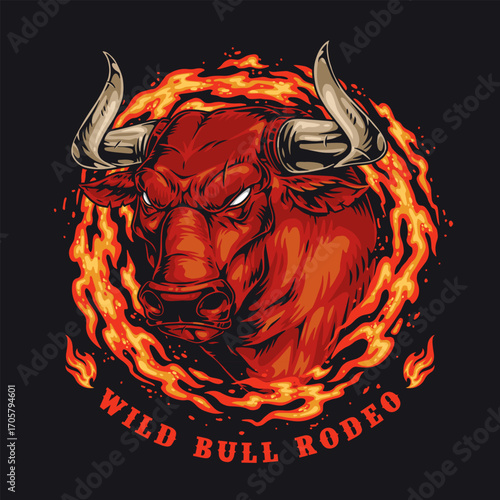 Intense wild bull rodeo with flames and energy