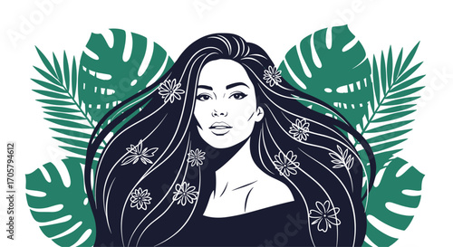 Beautiful woman with flowers in her long dark hair surrounded by tropical leaves.