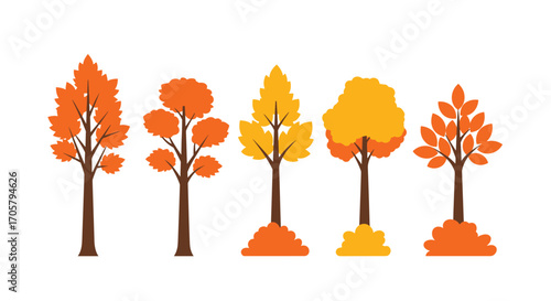 A collection of stylized autumn trees with vibrant orange and yellow foliage.