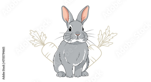 A cute fluffy bunny rabbit sits between two carrots.