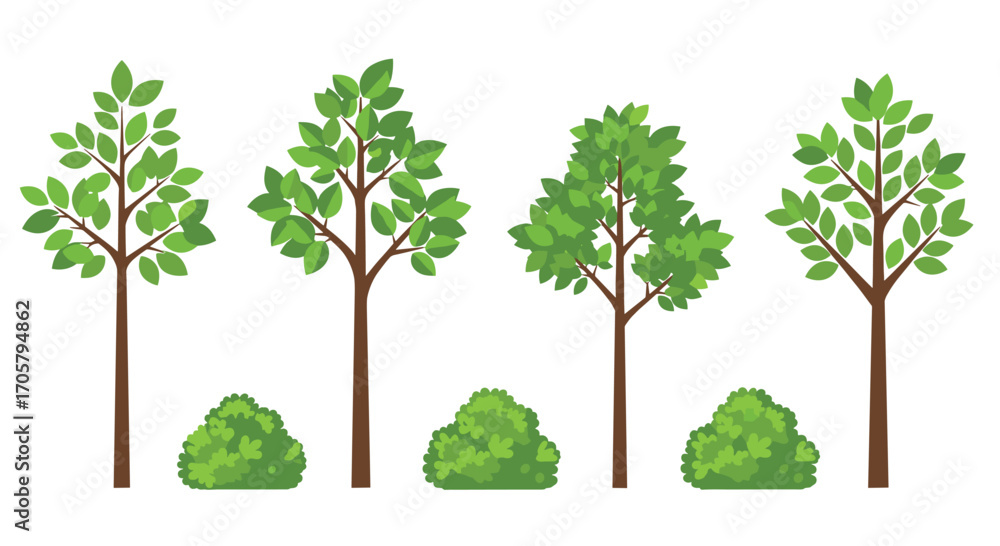 Fototapeta premium Four stylized green deciduous trees and bushes in a row.
