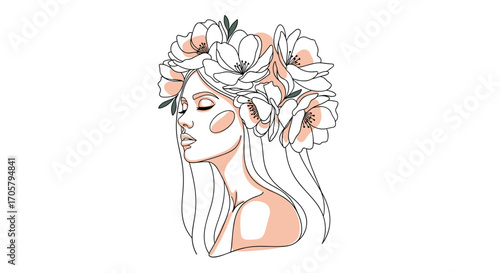 Elegant outline illustration of a woman adorned with a crown of flowers.